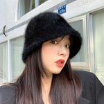 Winter Women Solid Color Fur Hat Bucket Cap Fisherman Hat Bucket Hat-Bucket Hats-Arimonz-Arimonz