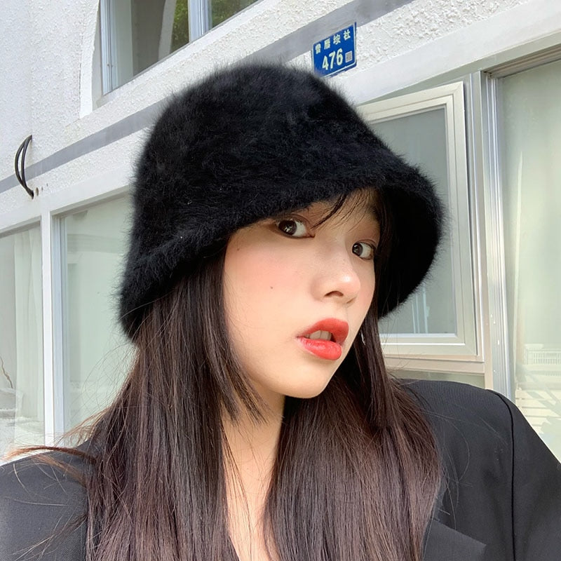 Winter Women Solid Color Fur Hat Bucket Cap Fisherman Hat Bucket Hat-Bucket Hats-Arimonz-Arimonz