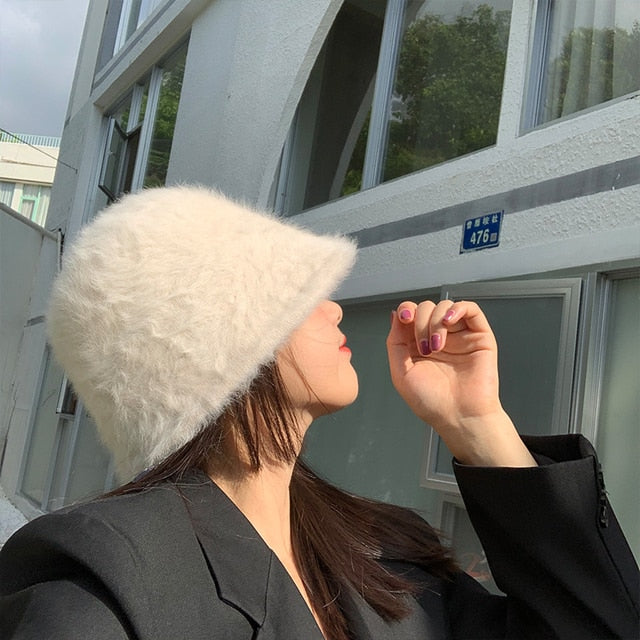 Winter Women Solid Color Fur Hat Bucket Cap Fisherman Hat Bucket Hat-Bucket Hats-Arimonz-A-Beige-Arimonz