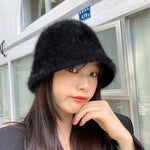 Winter Women Solid Color Fur Hat Bucket Cap Fisherman Hat Bucket Hat-Bucket Hats-Arimonz-A-Black-Arimonz