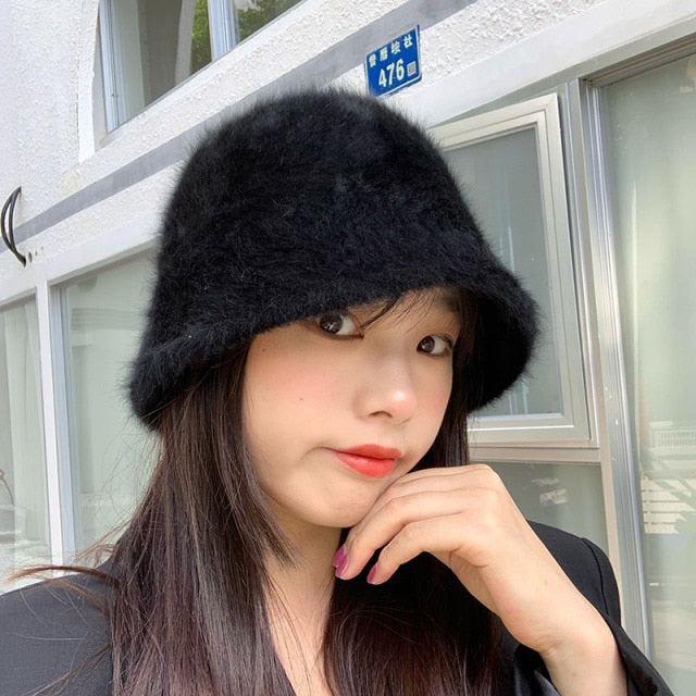 Winter Women Solid Color Fur Hat Bucket Cap Fisherman Hat Bucket Hat-Bucket Hats-Arimonz-A-Black-Arimonz