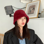 Winter Women Solid Color Fur Hat Bucket Cap Fisherman Hat Bucket Hat-Bucket Hats-Arimonz-A-Maroon-Arimonz