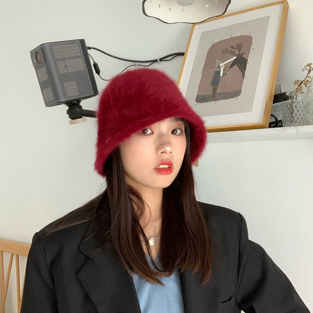 Winter Women Solid Color Fur Hat Bucket Cap Fisherman Hat Bucket Hat-Bucket Hats-Arimonz-A-Maroon-Arimonz