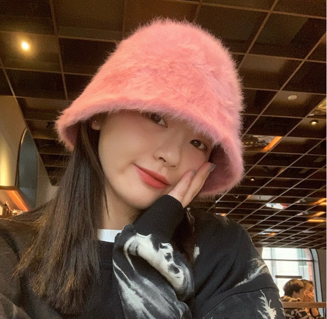 Winter Women Solid Color Fur Hat Bucket Cap Fisherman Hat Bucket Hat-Bucket Hats-Arimonz-A-Pink-Arimonz