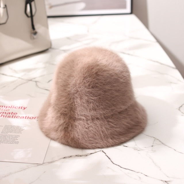 Winter Women Solid Color Fur Hat Bucket Cap Fisherman Hat Bucket Hat-Bucket Hats-Arimonz-B-Coffee-Arimonz