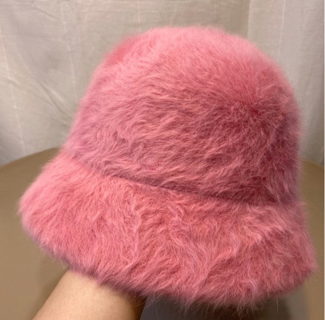 Winter Women Solid Color Fur Hat Bucket Cap Fisherman Hat Bucket Hat-Bucket Hats-Arimonz-B-Pink-Arimonz
