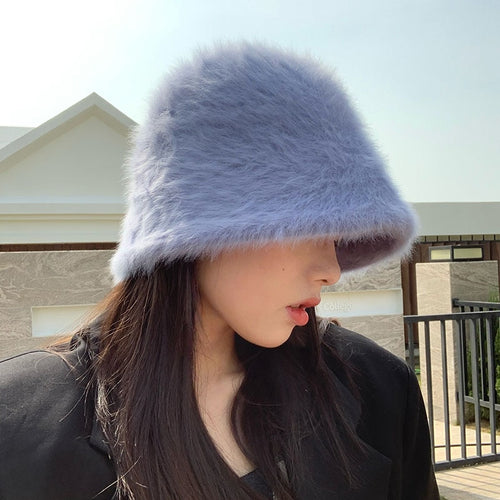 Winter Women Solid Color Fur Hat Bucket Cap Fisherman Hat Bucket Hat-Bucket Hats-Arimonz-Arimonz