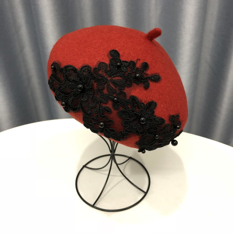 Winter Wool Beret With Lace And Pearls Female Wool Cap-Winter Hats-Arimonz-Arimonz