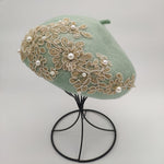 Winter Wool Beret With Lace And Pearls Female Wool Cap-Winter Hats-Arimonz-green-Arimonz