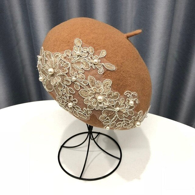 Winter Wool Beret With Lace And Pearls Female Wool Cap-Winter Hats-Arimonz-khaki-Arimonz