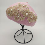 Winter Wool Beret With Lace And Pearls Female Wool Cap-Winter Hats-Arimonz-light pink-Arimonz