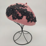 Winter Wool Beret With Lace And Pearls Female Wool Cap-Winter Hats-Arimonz-middle pink-Arimonz