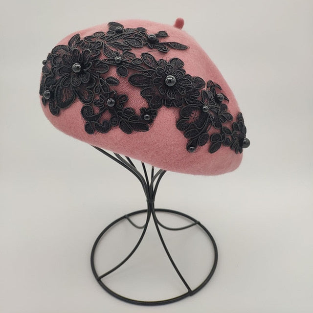 Winter Wool Beret With Lace And Pearls Female Wool Cap-Winter Hats-Arimonz-middle pink-Arimonz