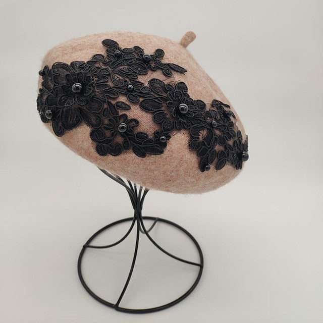Winter Wool Beret With Lace And Pearls Female Wool Cap-Winter Hats-Arimonz-mocha-Arimonz