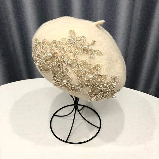 Winter Wool Beret With Lace And Pearls Female Wool Cap-Winter Hats-Arimonz-off white-Arimonz
