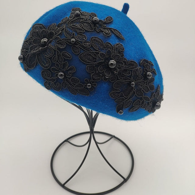 Winter Wool Beret With Lace And Pearls Female Wool Cap-Winter Hats-Arimonz-peacock blue-Arimonz