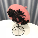 Winter Wool Beret With Lace And Pearls Female Wool Cap-Winter Hats-Arimonz-pink-Arimonz