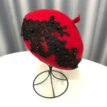 Winter Wool Beret With Lace And Pearls Female Wool Cap-Winter Hats-Arimonz-red-Arimonz