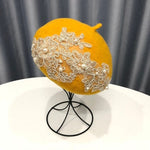Winter Wool Beret With Lace And Pearls Female Wool Cap-Winter Hats-Arimonz-yellow-Arimonz