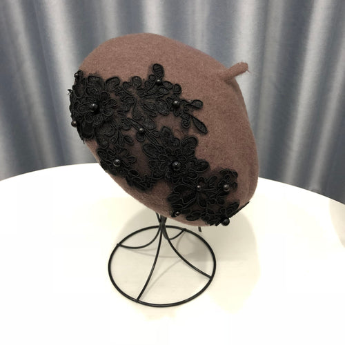 Winter Wool Beret With Lace And Pearls Female Wool Cap-Winter Hats-Arimonz-Arimonz