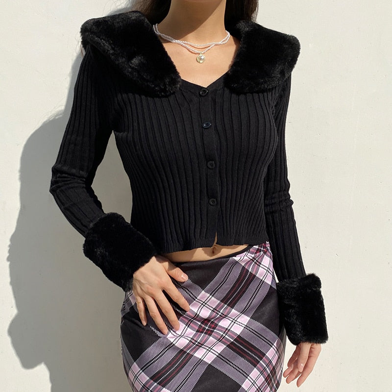 Woman Cardigan Sweaters With Fur Trim Collar Women Cropped Sweater-Fuzzy Jackets-Arimonz-Arimonz