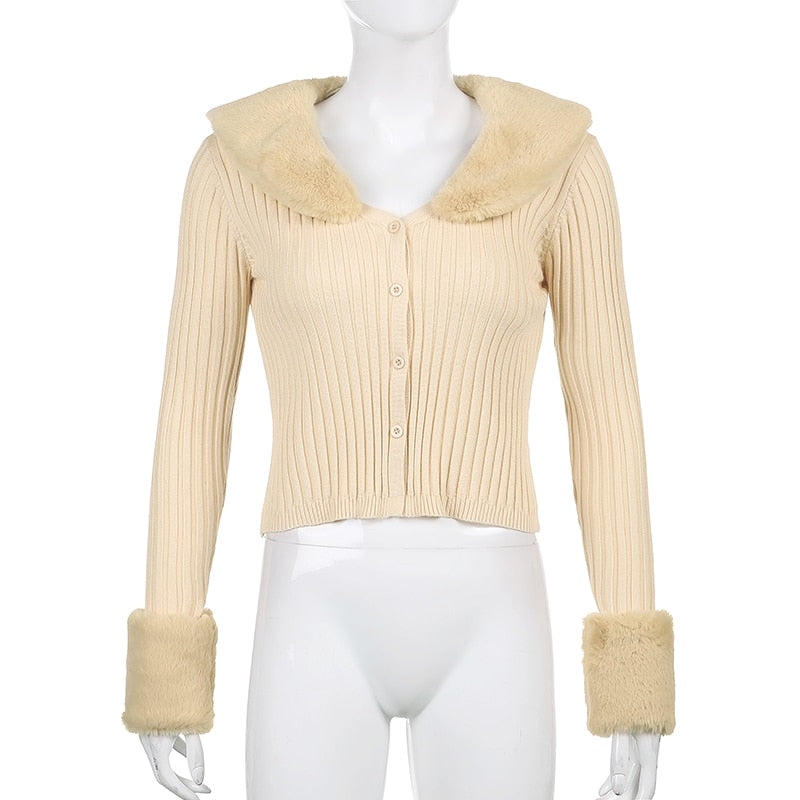 Woman Cardigan Sweaters With Fur Trim Collar Women Cropped Sweater-Fuzzy Jackets-Arimonz-Arimonz