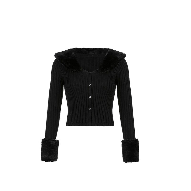 Woman Cardigan Sweaters With Fur Trim Collar Women Cropped Sweater-Fuzzy Jackets-Arimonz-S-Black-Arimonz