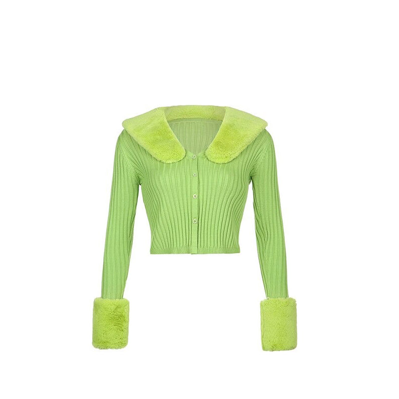 Woman Cardigan Sweaters With Fur Trim Collar Women Cropped Sweater-Fuzzy Jackets-Arimonz-S-Green-Arimonz