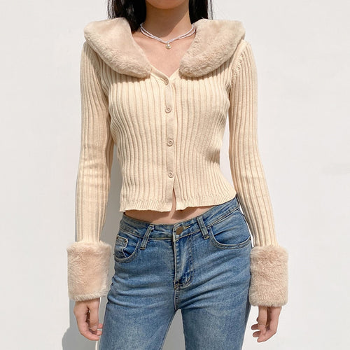 Woman Cardigan Sweaters With Fur Trim Collar Women Cropped Sweater-Fuzzy Jackets-Arimonz-Arimonz