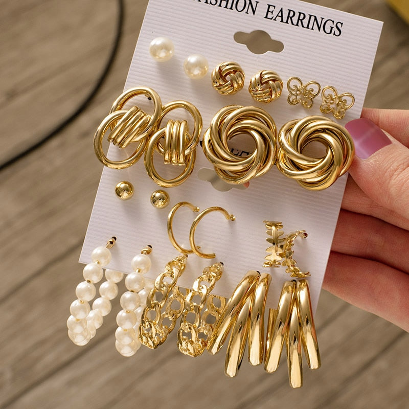 Woman Earrings Set Gold Color Metal Earrings For Women Hoop Earrings-Drop Earrings-Arimonz-Arimonz
