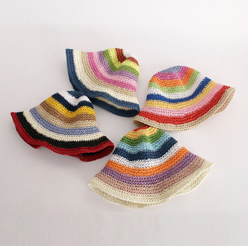 Woman Sun Straw Handmade Rainbow Striped Crochet Beach Bucket Hat-Summer Hats-Arimonz-Arimonz