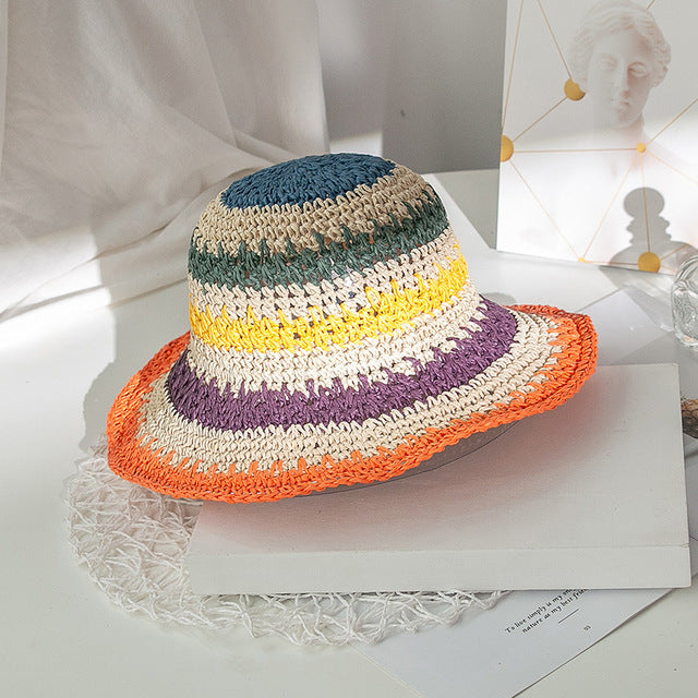 Woman Sun Straw Handmade Rainbow Striped Crochet Beach Bucket Hat-Summer Hats-Arimonz-Beige-Arimonz