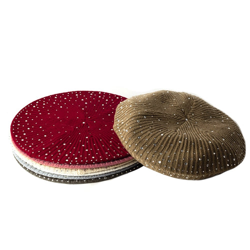 Women Autumn Winter Beret Hat Female Knitted Casual Rhinestone Cap-Winter Hats-Arimonz-Arimonz
