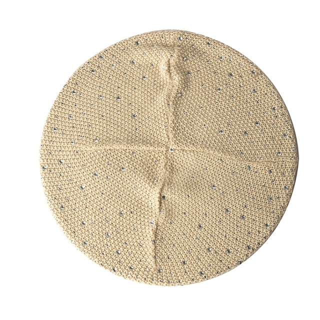 Women Autumn Winter Beret Hat Female Knitted Casual Rhinestone Cap-Winter Hats-Arimonz-Beige-1-Arimonz