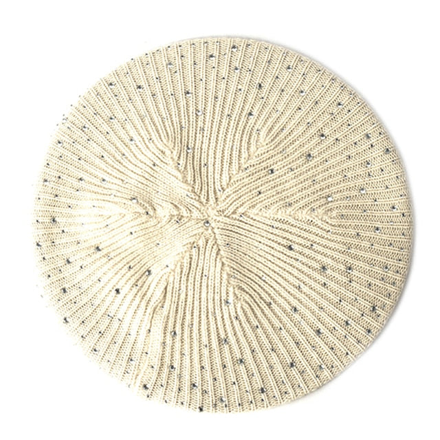 Women Autumn Winter Beret Hat Female Knitted Casual Rhinestone Cap-Winter Hats-Arimonz-Beige-Arimonz