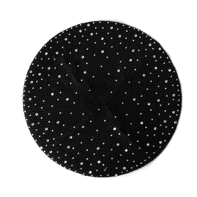 Women Autumn Winter Beret Hat Female Knitted Casual Rhinestone Cap-Winter Hats-Arimonz-Black-1-Arimonz