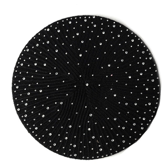 Women Autumn Winter Beret Hat Female Knitted Casual Rhinestone Cap-Winter Hats-Arimonz-Black-Arimonz
