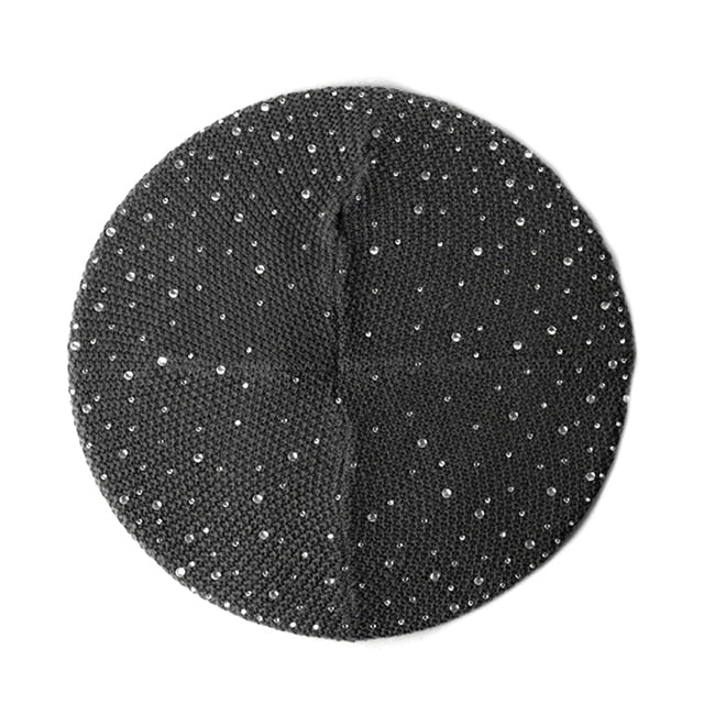 Women Autumn Winter Beret Hat Female Knitted Casual Rhinestone Cap-Winter Hats-Arimonz-Dark Gray-1-Arimonz