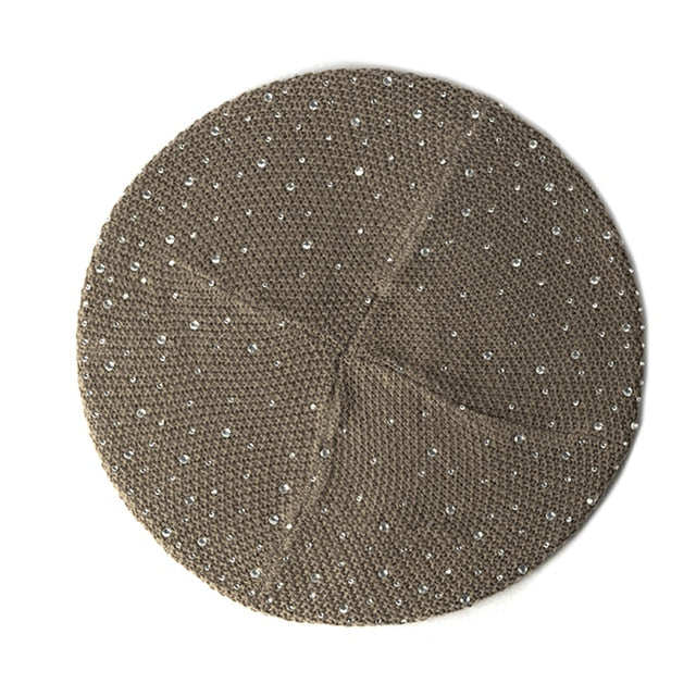 Women Autumn Winter Beret Hat Female Knitted Casual Rhinestone Cap-Winter Hats-Arimonz-Khaki-1-Arimonz