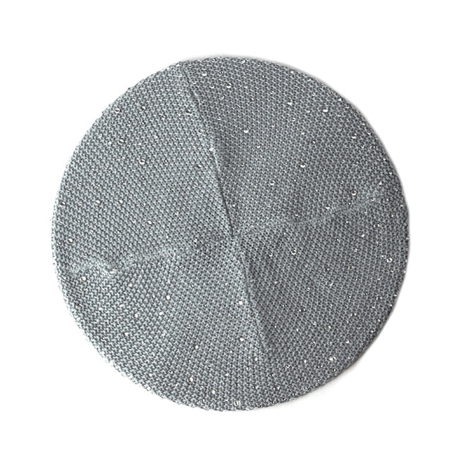 Women Autumn Winter Beret Hat Female Knitted Casual Rhinestone Cap-Winter Hats-Arimonz-Light Gray-1-Arimonz