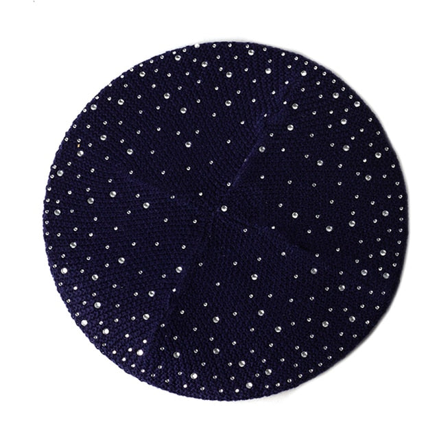 Women Autumn Winter Beret Hat Female Knitted Casual Rhinestone Cap-Winter Hats-Arimonz-Navy-1-Arimonz