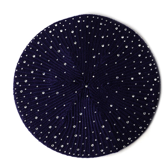 Women Autumn Winter Beret Hat Female Knitted Casual Rhinestone Cap-Winter Hats-Arimonz-Navy-Arimonz