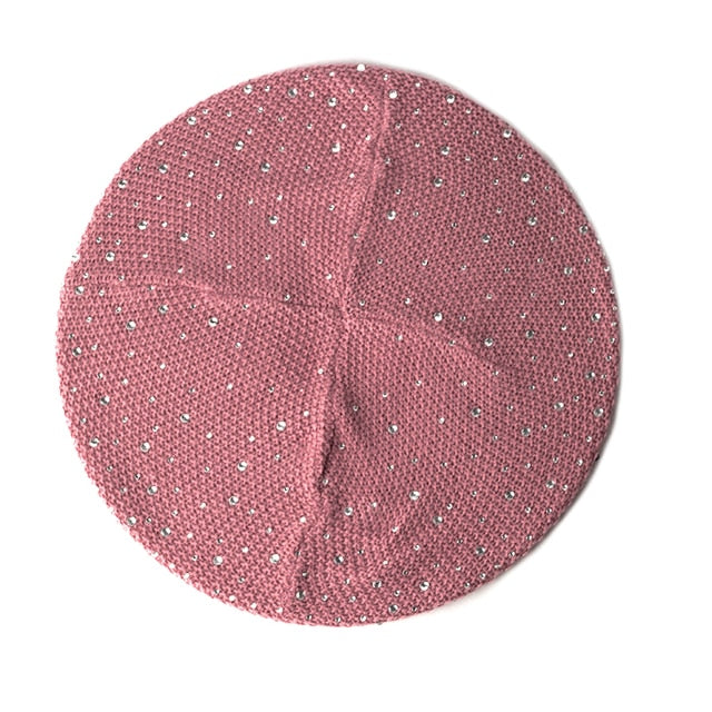 Women Autumn Winter Beret Hat Female Knitted Casual Rhinestone Cap-Winter Hats-Arimonz-Pink-1-Arimonz