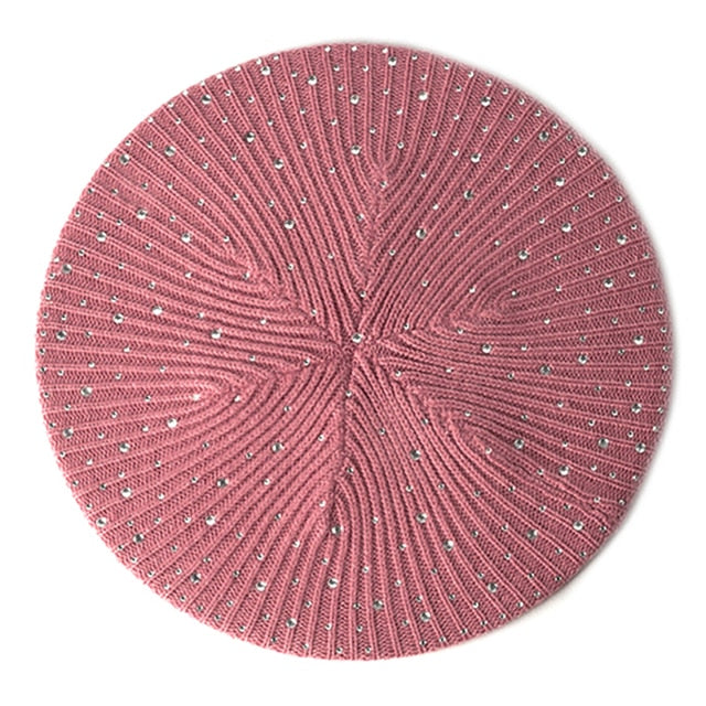 Women Autumn Winter Beret Hat Female Knitted Casual Rhinestone Cap-Winter Hats-Arimonz-Pink-Arimonz