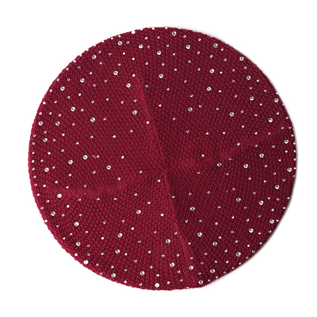 Women Autumn Winter Beret Hat Female Knitted Casual Rhinestone Cap-Winter Hats-Arimonz-Wine Red-1-Arimonz