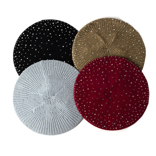 Women Autumn Winter Beret Hat Female Knitted Casual Rhinestone Cap-Winter Hats-Arimonz-Arimonz