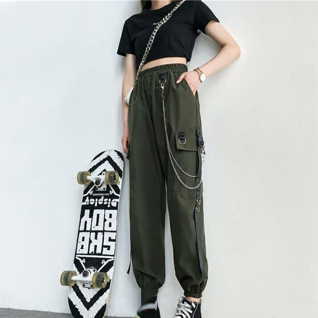 Women Cargo Pants Harem Pants Pockets Jogger Trousers With Chain Pants-Pants-Arimonz-Army Green-S-Arimonz