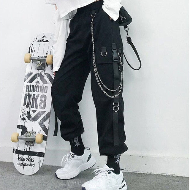 Women Cargo Pants Harem Pants Pockets Jogger Trousers With Chain Pants-Pants-Arimonz-black-S-Arimonz