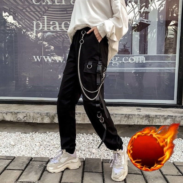 Women Cargo Pants Harem Pants Pockets Jogger Trousers With Chain Pants-Pants-Arimonz-Black with velvet-S-Arimonz