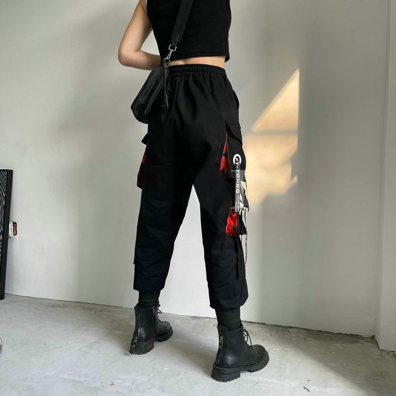 Women Cargo Pants Ribbon Pocket Jogger Elastic Waist Females Trousers-Pants-Arimonz-Arimonz